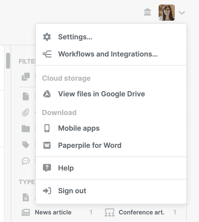 The profile menu open in the top right with “Workflows and Integrations…” below Settings…, above Cloud storage (View files in Google Drive), Download (Mobile apps, Paperpile for Word), Help and Sign out.